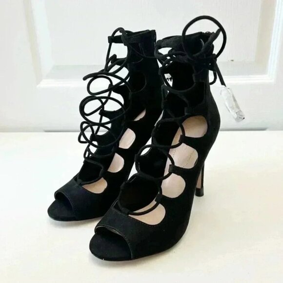 Aldo Sergioa Lace Up Stiletto Heels Peep Toe Black Micro Suede Size 7.5 - Picture 5 of 16